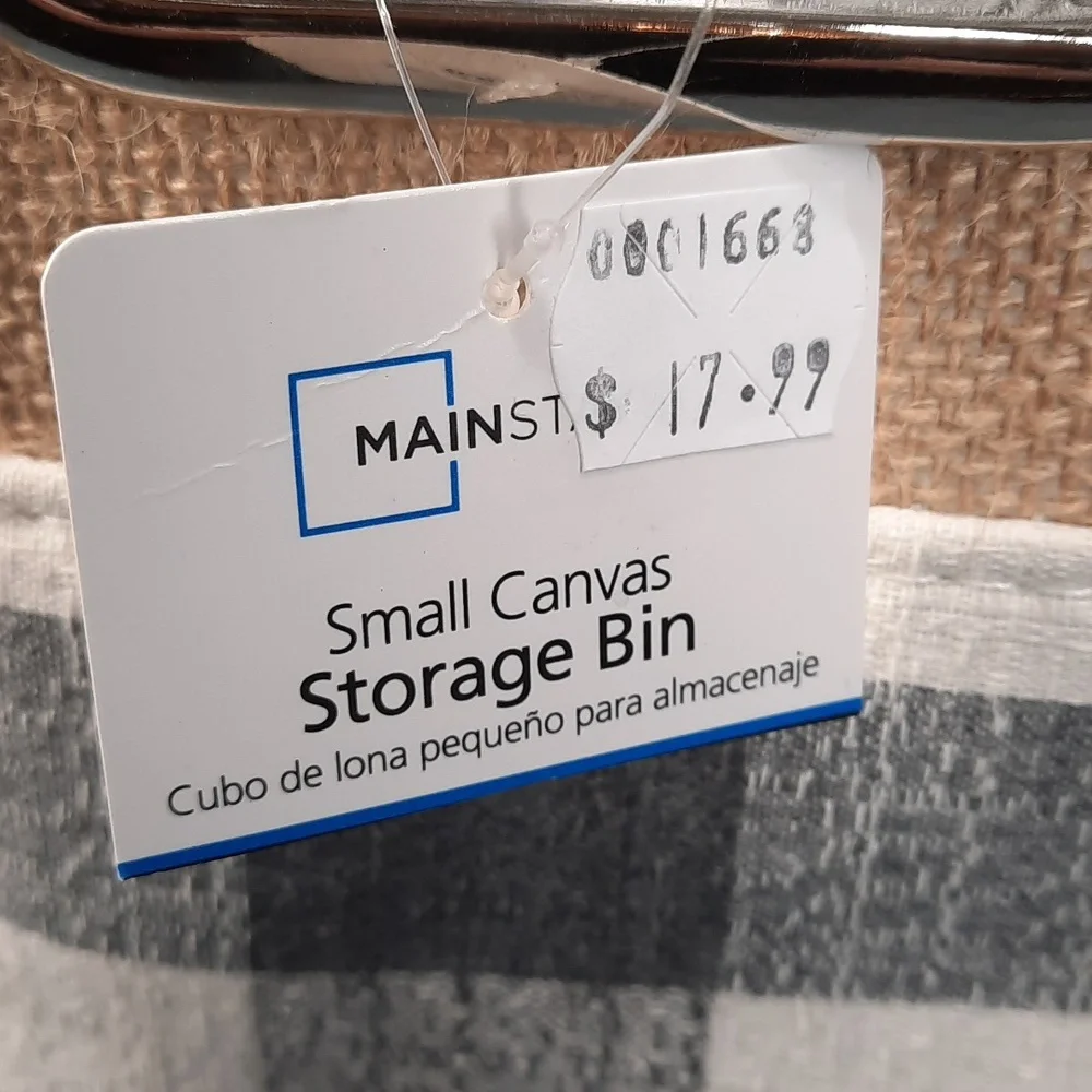 Canvas Storage Organizer Container Bin Gray Plaid Burlap Silver Handles Lined